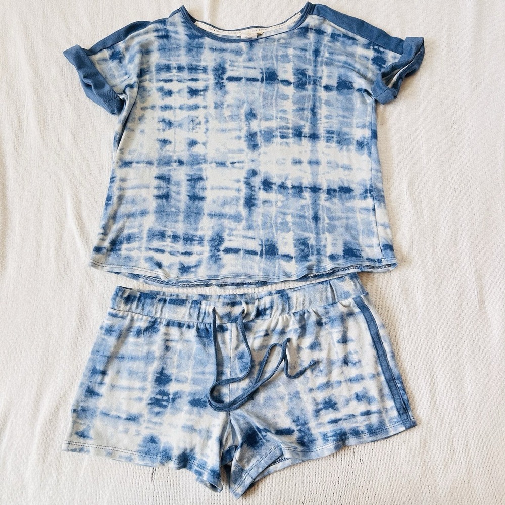 Lucky Brand Pajama Set Shorts T Shirt Women's Size M Blue Tie Dye Soft Stretch